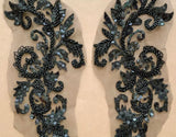 Black Beaded Lace Applique Pair Sequins Floral Embroidery Lace Motif Patch For Dressmaking