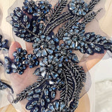 Dark Navy Blue Beaded Lace Applique Pair Floral Rhinestone Embroidery Motif Patch
