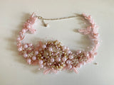 Craftuneed Handmade Pink Beaded Lace Necklace Faux Pearl Embroidered Floral Choker for Fairycore, Wedding or Costume Crafts