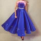 Handmade 1:6 Scale Floral Doll Dress Miniature Dark Blue Satin Gown with Earrings