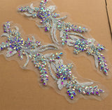 AB Rhinestone Lace Applique Pair Ivory Floral Beaded Bridal Motif Embroidery Patch