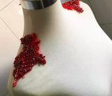 Red Beaded Rhinestone Lace Applique Pair, Bridal Costume Faux Crystal Motif Patch