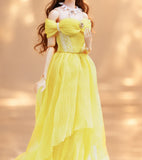 Handmade 1:6 Scale Doll Dress Miniature Yellow Chiffon Evening Gown with Necklace