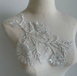 Beaded Floral Lace Applique, Sequin Embroidery Patch, Ivory Bridal Tulle Motif