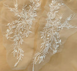Ivory Beaded Sequin Lace Applique Pair Bridal Floral Embroidered Tulle Motif Patch