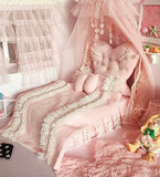 Handmade 1:12 Scale Dollhouse Bed Set with Lace Bedding & Canopy Miniature Pillows