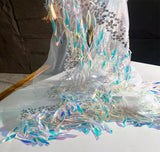 Iridescent Fringe Sequin Mesh Trim – Gradient Blue Laser Net Fabric, 20cm Wide, 6 Meters