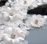 2 Pairs Ivory Floral Beaded Lace Applique 3D Flower Embroidered Rhinestones Motif Patch