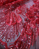 Craftuneed 1 Yard Luxury 3D Floral Butterfly Sequin Red Embroidered Lace Fabric Tulle for Dressmaking &amp; DIY Projects