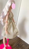 1:6 miniature doll champagne evening dress mini dollhouse V-Neck ball gown dress