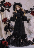 Craftuneed Edwardian Black Lace Doll Dress with Hat for BJD Gothic Halloween Inspired Outfit Costume Fits For 1/6 1/4 Dolls