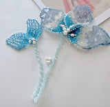 Blue Beaded Floral Lace Applique Bridal Sequin Faux Pearl Flower Motif Patch