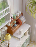 Craftuneed 1:6 Scale Dollhouse Brown Wooden Kitchen Dish Rack Miniature Plate Organiser with Drawer & Cups Shelves Storage Furniture