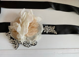 Handmade Bridal Sash Belt Black, Ivory & Champagne Chiffon Flower Rhinestones Wedding Dress Belt Floral Waistband for Wedding