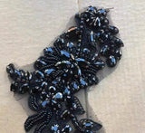 Black Beaded Lace Applique Pair, Rhinestones Costume Dress Bodice Motif Patch