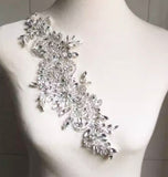 Rhinestone Lace Applique Pair, Bridal Wedding Beaded Motif Patch, Silver White or Gold