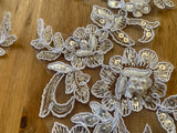 A Pair White Beaded Floral Lace Appliques Bridal Embroidered Sequin Lace Motif Patches
