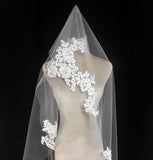 Ivory Floral Lace Wedding Veil Single Tier Mantilla Style Bridal Drop Veil
