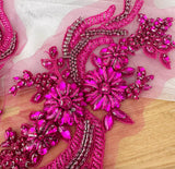 Fuchsia Pink Beaded Lace Applique Pair Floral Rhinestone Embroidery Motif Patch