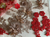 Craftuneed Bundle 7pcs luxury red gold beads lace applique sew on embroidered sequins floral lace motif patch