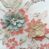 3D Floral Beaded Lace Applique Pair Embroidered Bridal Couture Tulle Motif Patch
