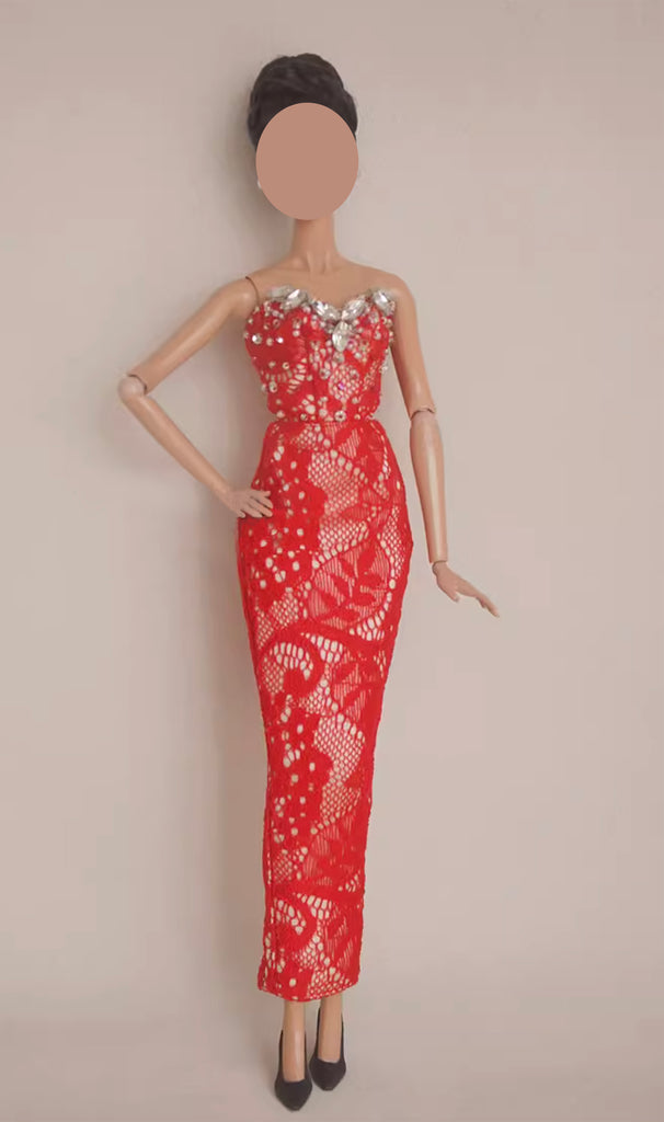 Handmade 1:6 Scale Doll Dress Miniature Red Lace Evening Gown with Rhinestones Details