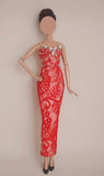 Handmade 1:6 Scale Doll Dress Miniature Red Lace Evening Gown with Rhinestones Details