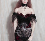 Craftuneed 1:6 Scale Doll Black Lace Mermaid Evening Gown Gothic Style Black Dress with Red Floral Accents For Fashion Dolls Handmade