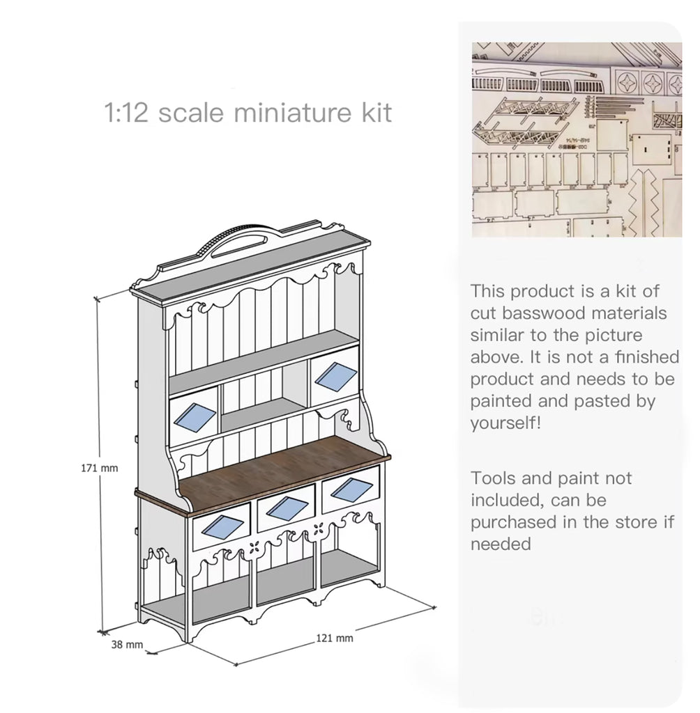 DIY Dollhouse Miniature Hutch Furniture Kit – 1/6 & 1/12 Scale Cabinet Unfinished (Unassembled)