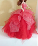 Handmade 1:6 Scale Doll Ball Gown Miniature Red Glitter Doll Dress with Petticoat