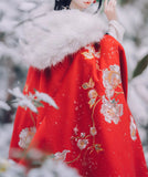 Handmade Embroidered Floral Doll Cape Miniature Red Velvet Faux Fur Cloak 1:3 Scale