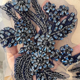 Dark Navy Blue Beaded Lace Applique Pair Floral Rhinestone Embroidery Motif Patch
