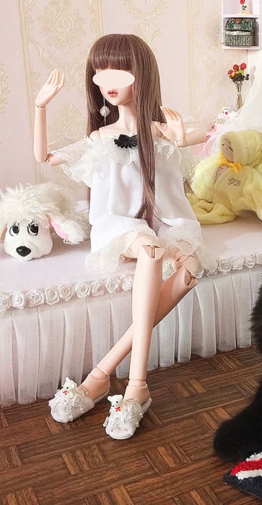 Handmade BJD Pajama Dress & Slippers Set 1/6 1/4 1/3 Scale Miniature Doll Sleepwear