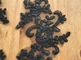 A Pair Black Floral Lace Appliques Embroidered Flower Lace Motifs on Tulle