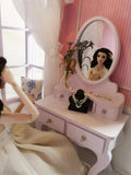 Craftuneed 1:6 scale Miniature Dollhouse Vanity Room Scene Includes Dressing Table Stool, Chandelier, Curtain, Dust Cover For Fashion Dolls