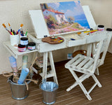 1:6 Scale Dollhouse Artist Easel Desk & Chair Miniature Art Studio Furniture Props Set