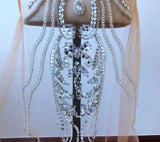 Luxury Beaded Bridal Lace Applique Faux Pearl Rhinestone Bodice Motif Patch Embellishment