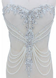 White Beaded Bodice Applique Bridal Faux Pearl Rhinestone Lace Patch For Wedding DIY
