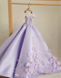 Handmade 1:6 Scale Lilac Purple Satin Beaded Doll Dress Miniature Couture Floral Gown