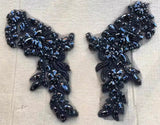 Black Beaded Lace Applique Pair, Rhinestones Costume Dress Bodice Motif Patch