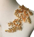 Champagne Gold Rhinestone Lace Applique Pair Beaded Bridal Faux Crystal Bodice Motif Patch