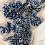 Dark Navy Blue Beaded Lace Applique Pair Floral Rhinestone Embroidery Motif Patch