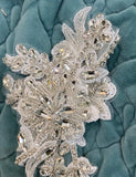 White Beaded Rhinestone Lace Applique Pair, Bridal Wedding Faux Crystal Motif Patch