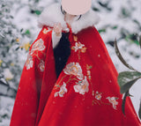 Handmade Embroidered Floral Doll Cape Miniature Red Velvet Faux Fur Cloak 1:3 Scale