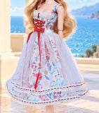 Handmade 1:6 Scale Doll Dress Miniature Romantic Floral Lace Gown with Red Corset
