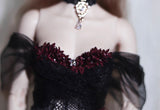 Craftuneed 1:6 Scale Doll Black Lace Mermaid Evening Gown Gothic Style Black Dress with Red Floral Accents For Fashion Dolls Handmade