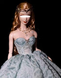Craftuneed 1:6 Scale Luxury Blue Green Miniature Doll Ball Gown Dress with Rhinestone Bodice Petticoat &amp; Necklace for fashion Dolls Handmade
