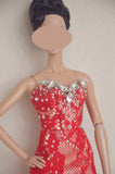 Handmade 1:6 Scale Doll Dress Miniature Red Lace Evening Gown with Rhinestones Details