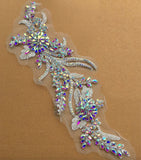 AB Rhinestone Lace Applique Pair Ivory Floral Beaded Bridal Motif Embroidery Patch