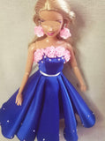 Handmade 1:6 Scale Floral Doll Dress Miniature Dark Blue Satin Gown with Earrings